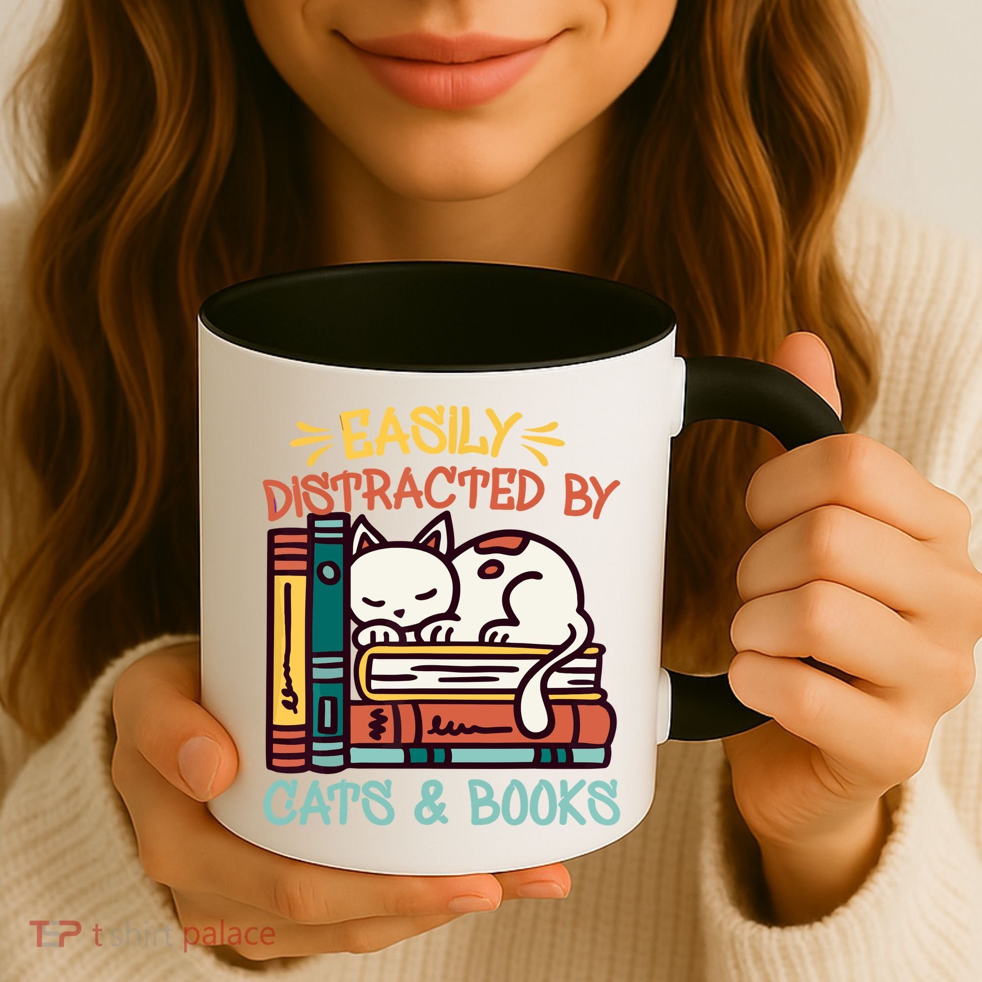 Easily Distracted By Cats And Books Cat & Book Lover Coffee Mug