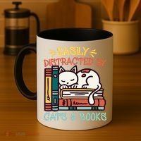 Easily Distracted By Cats And Books Cat & Book Lover Coffee Mug thumb 4