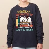 Easily Distracted By Cats And Books Cat & Book Lover Women's Sweatshirt thumb 0