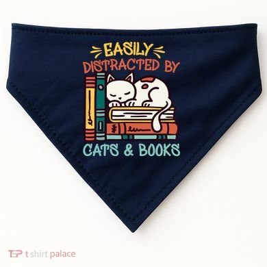 Easily Distracted By Cats And Books Cat & Book Lover USA-Made Doggie Bandana