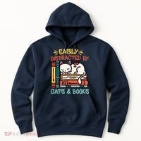 Easily Distracted By Cats And Books Cat & Book Lover Hoodie thumb 0