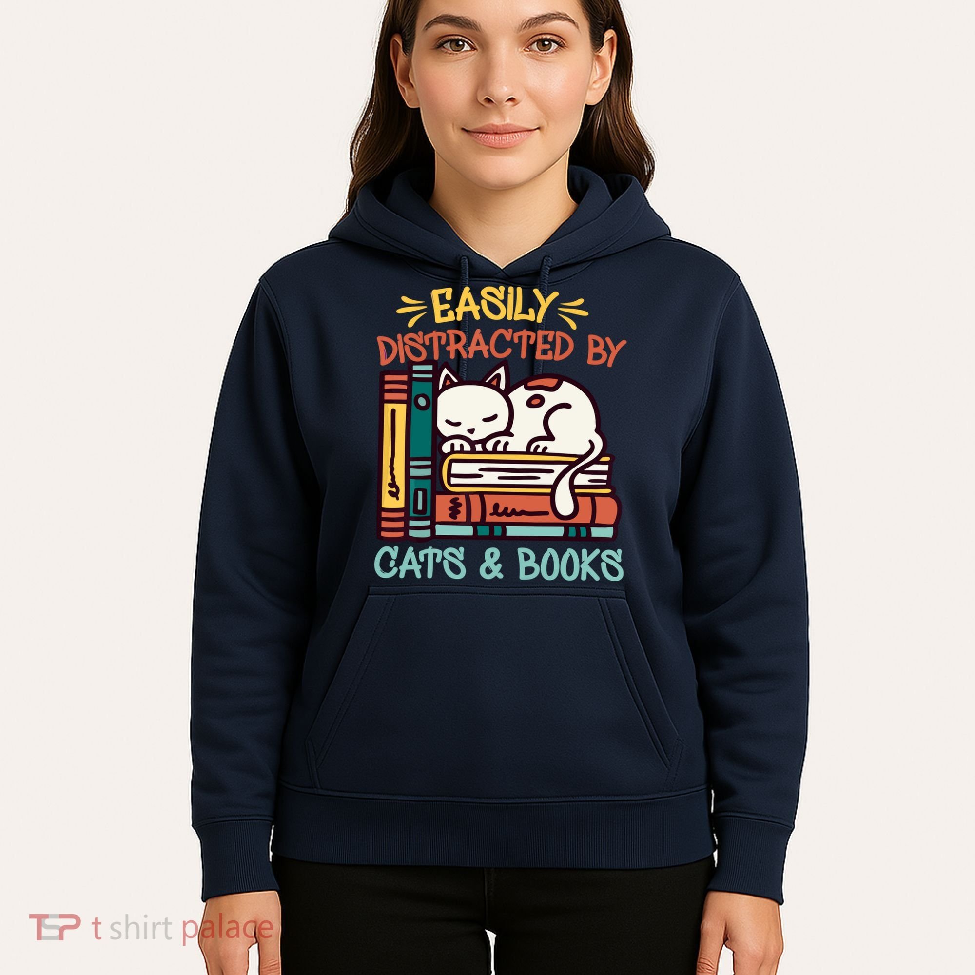 Easily Distracted By Cats And Books Cat & Book Lover Hoodie