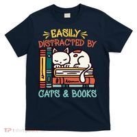 Easily Distracted By Cats And Books Cat & Book Lover T-Shirt thumb 0