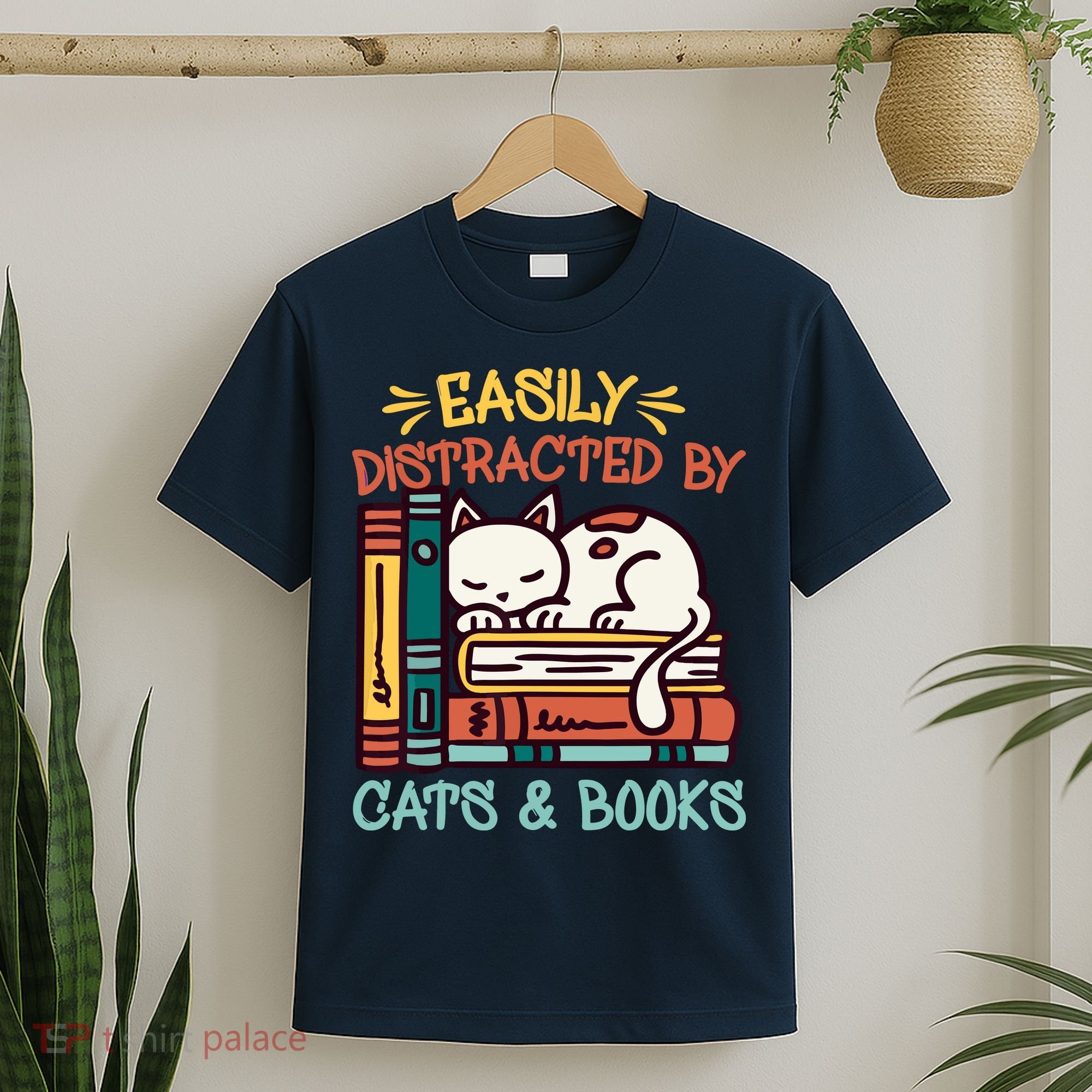 Easily Distracted By Cats And Books Cat & Book Lover T-Shirt