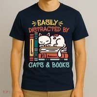 Easily Distracted By Cats And Books Cat & Book Lover T-Shirt thumb 3