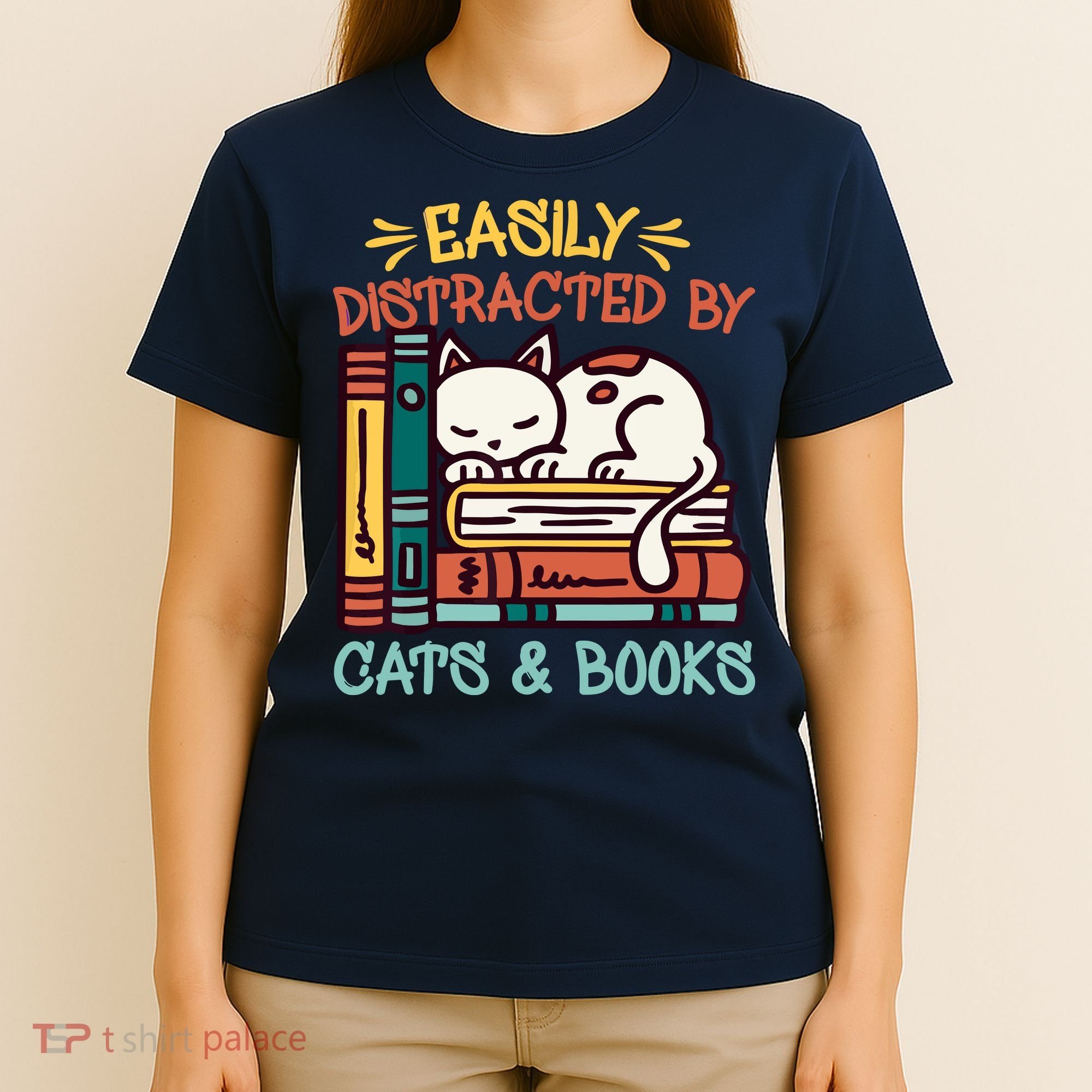 Easily Distracted By Cats And Books Cat & Book Lover T-Shirt