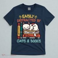 Easily Distracted By Cats And Books Cat & Book Lover T-Shirt thumb 5