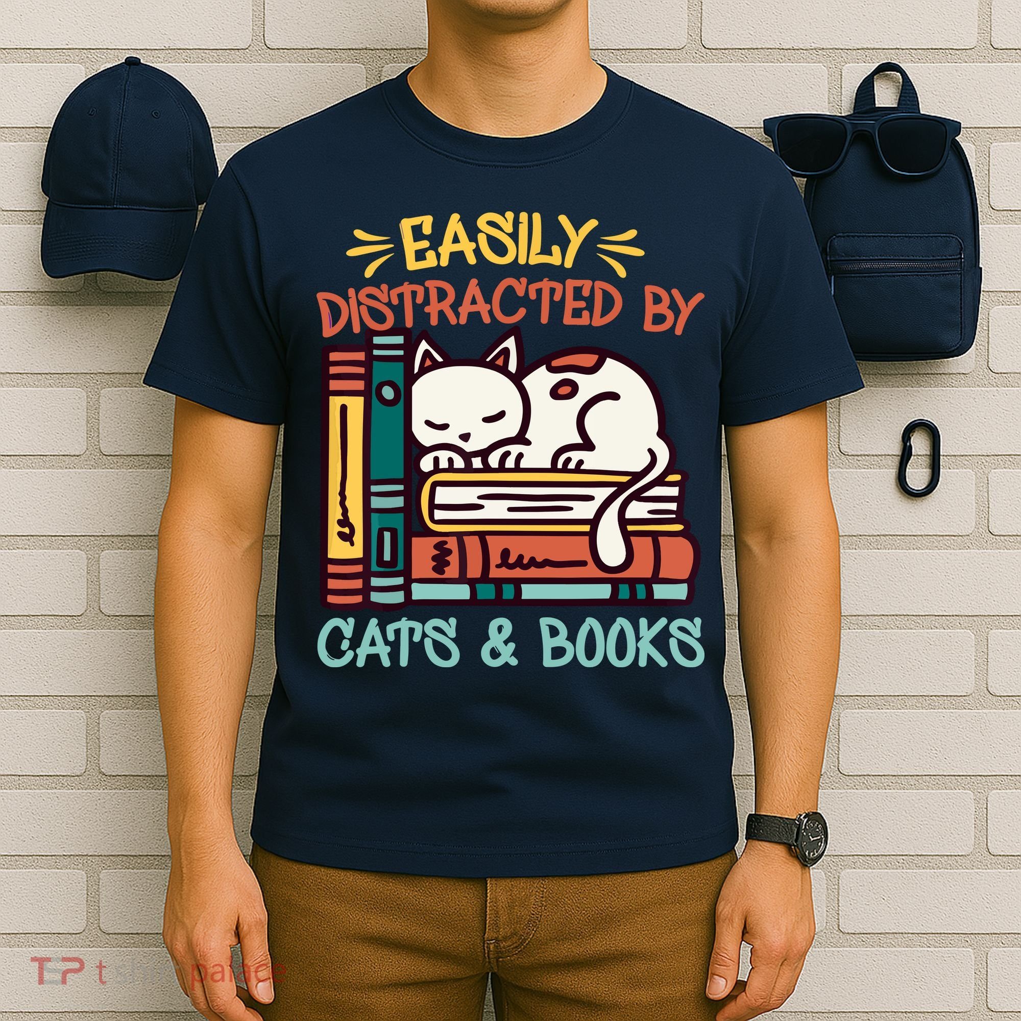 Easily Distracted By Cats And Books Cat & Book Lover T-Shirt