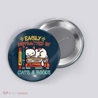 Easily Distracted By Cats And Books Cat & Book Lover Button thumb 0