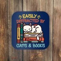 Easily Distracted By Cats And Books Cat & Book Lover Coaster thumb 0