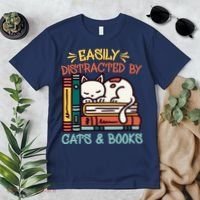 Easily Distracted By Cats And Books Cat & Book Lover Premium T-Shirt thumb 2