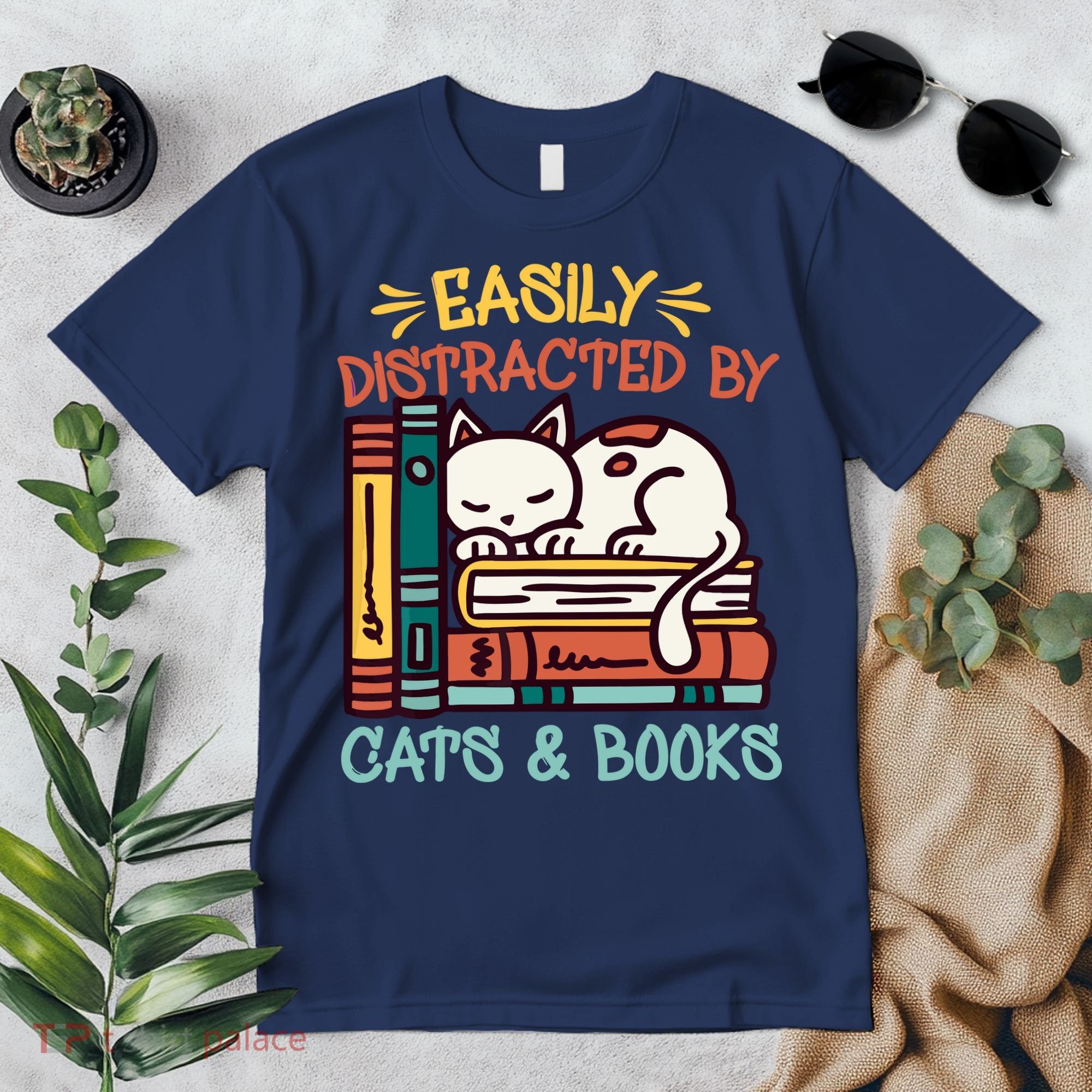 Easily Distracted By Cats And Books Cat & Book Lover Premium T-Shirt