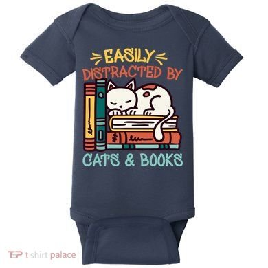 Easily Distracted By Cats And Books Cat & Book Lover Baby Bodysuit