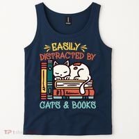 Easily Distracted By Cats And Books Cat & Book Lover Tank Top thumb 2