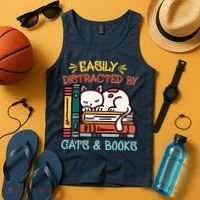 Easily Distracted By Cats And Books Cat & Book Lover Tank Top thumb 4