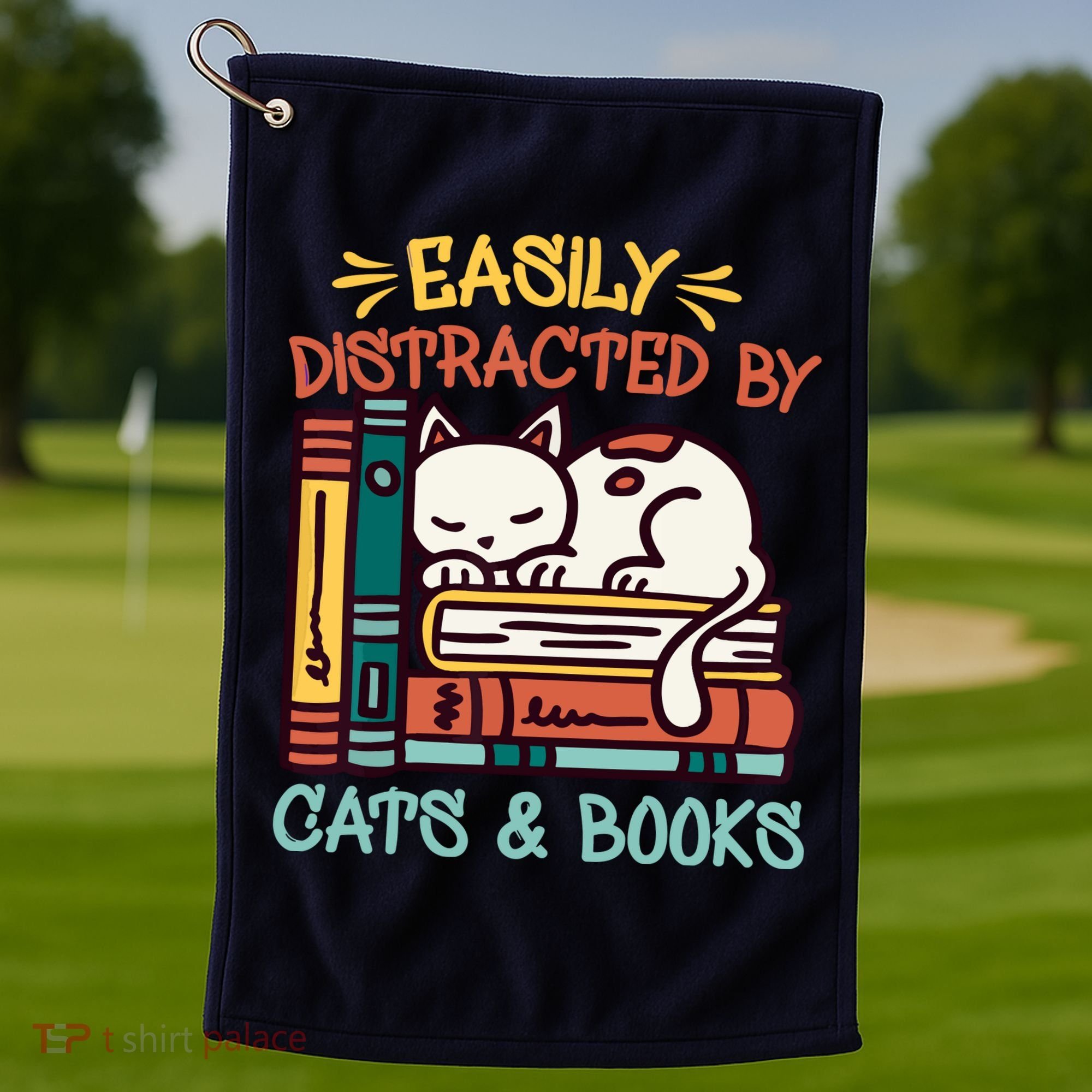 Easily Distracted By Cats And Books Cat & Book Lover Golf Towel