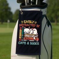 Easily Distracted By Cats And Books Cat & Book Lover Golf Towel thumb 2