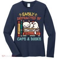 Easily Distracted By Cats And Books Cat & Book Lover Women's Long Sleeve Shirt thumb 0