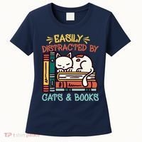 Easily Distracted By Cats And Books Cat & Book Lover Women's T-Shirt thumb 0