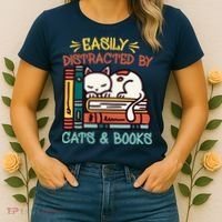 Easily Distracted By Cats And Books Cat & Book Lover Women's T-Shirt thumb 2