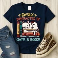 Easily Distracted By Cats And Books Cat & Book Lover Women's T-Shirt thumb 3