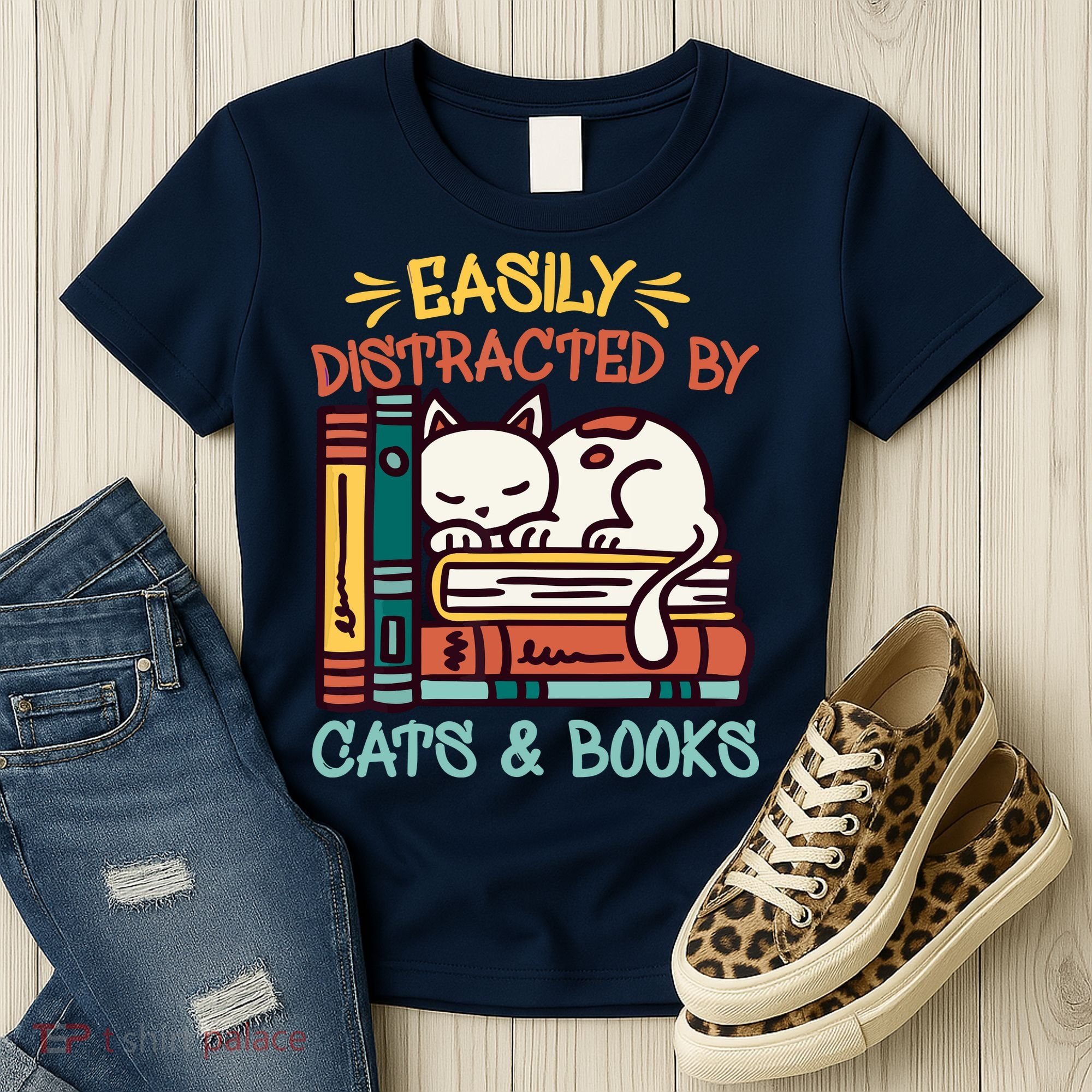 Easily Distracted By Cats And Books Cat & Book Lover Women's T-Shirt