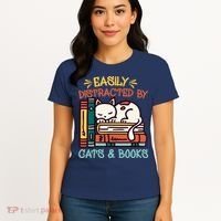 Easily Distracted By Cats And Books Cat & Book Lover Women's T-Shirt thumb 4