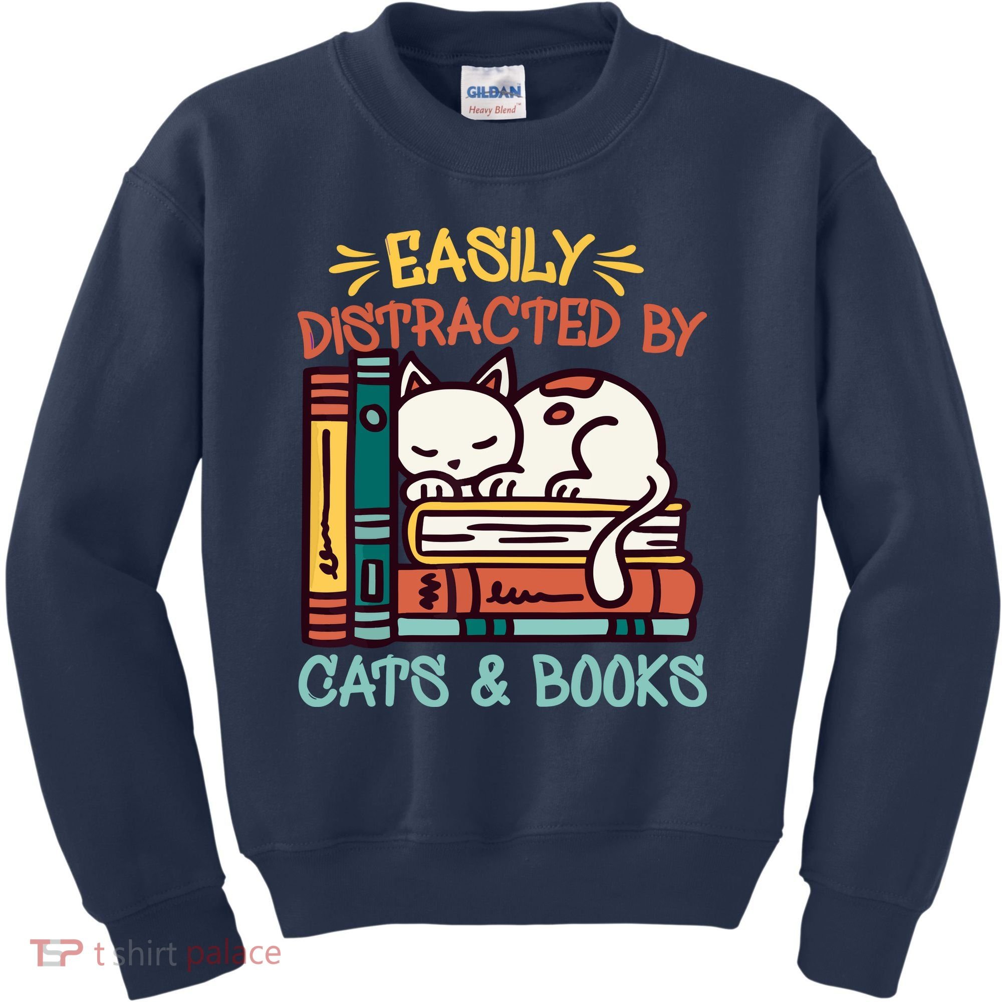 Easily Distracted By Cats And Books Cat & Book Lover Kids Sweatshirt