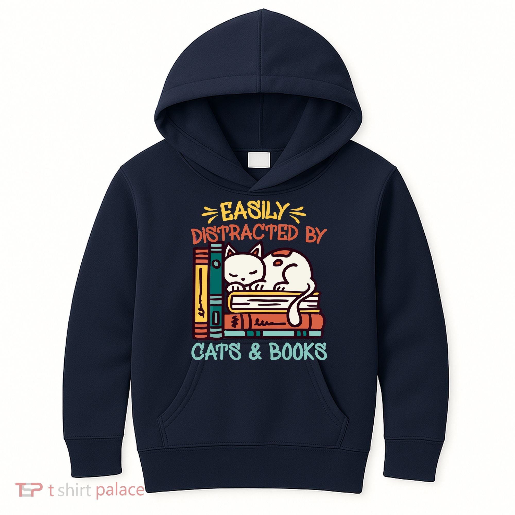 Easily Distracted By Cats And Books Cat & Book Lover Kids Hoodie