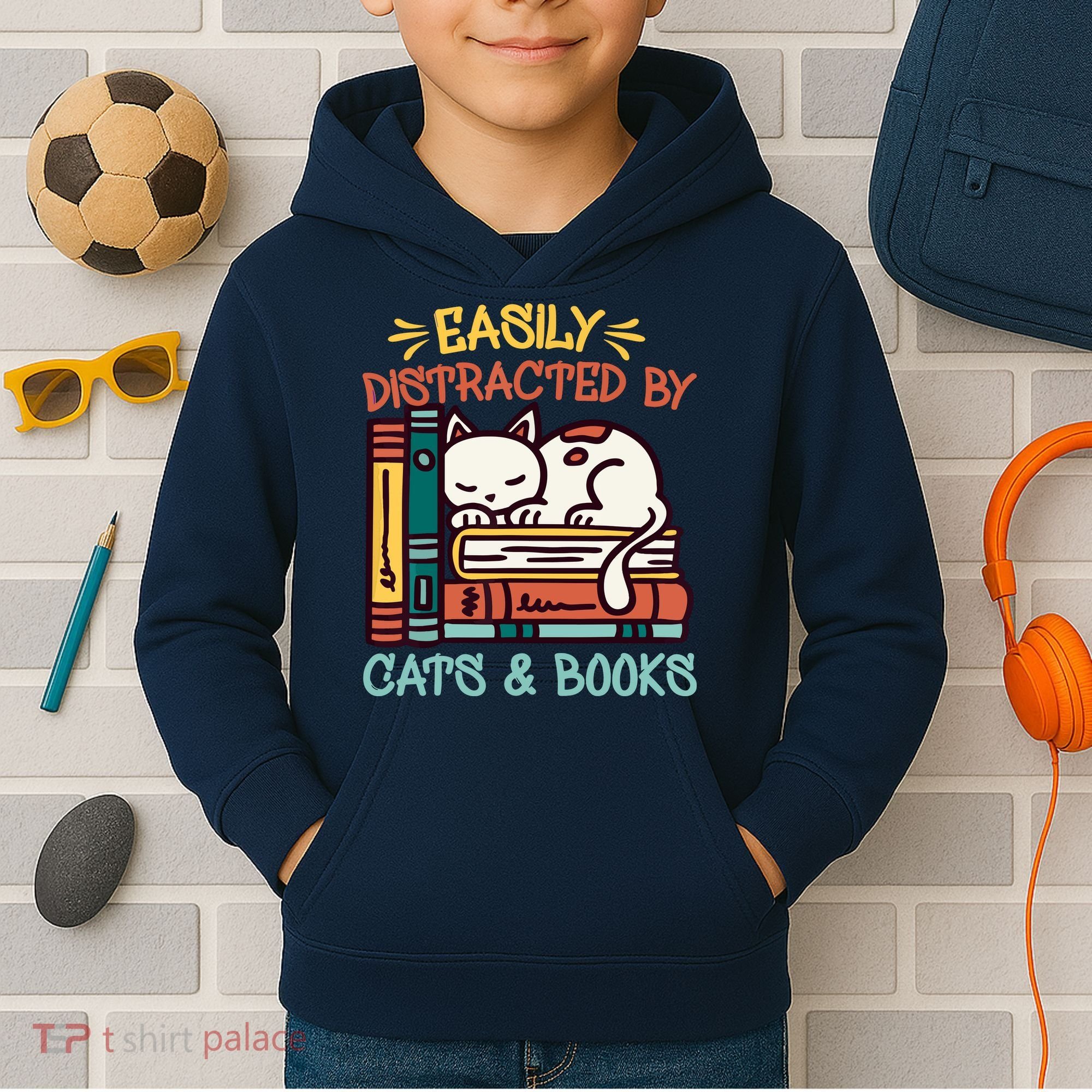 Easily Distracted By Cats And Books Cat & Book Lover Kids Hoodie