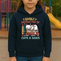 Easily Distracted By Cats And Books Cat & Book Lover Kids Hoodie thumb 3