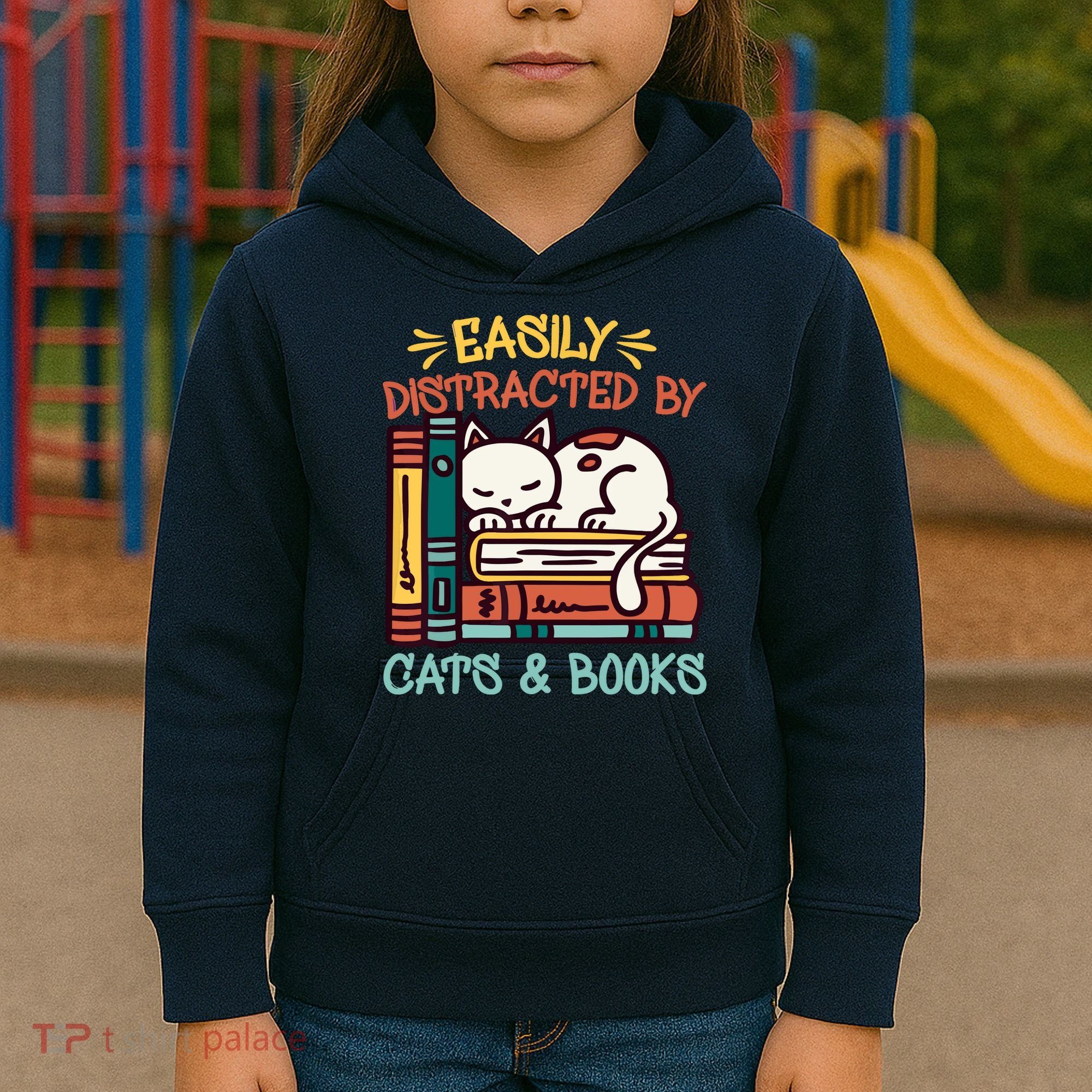Easily Distracted By Cats And Books Cat & Book Lover Kids Hoodie