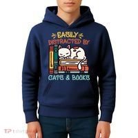 Easily Distracted By Cats And Books Cat & Book Lover Kids Hoodie thumb 4