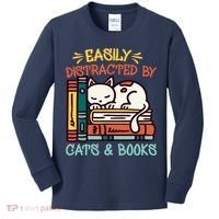 Easily Distracted By Cats And Books Cat & Book Lover Kids Long Sleeve Shirt thumb 0