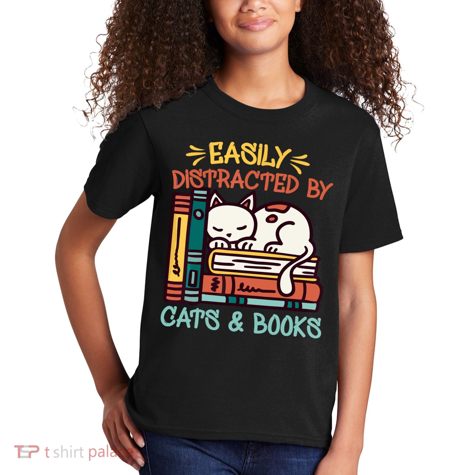 Easily Distracted By Cats And Books Cat & Book Lover Kids T-Shirt