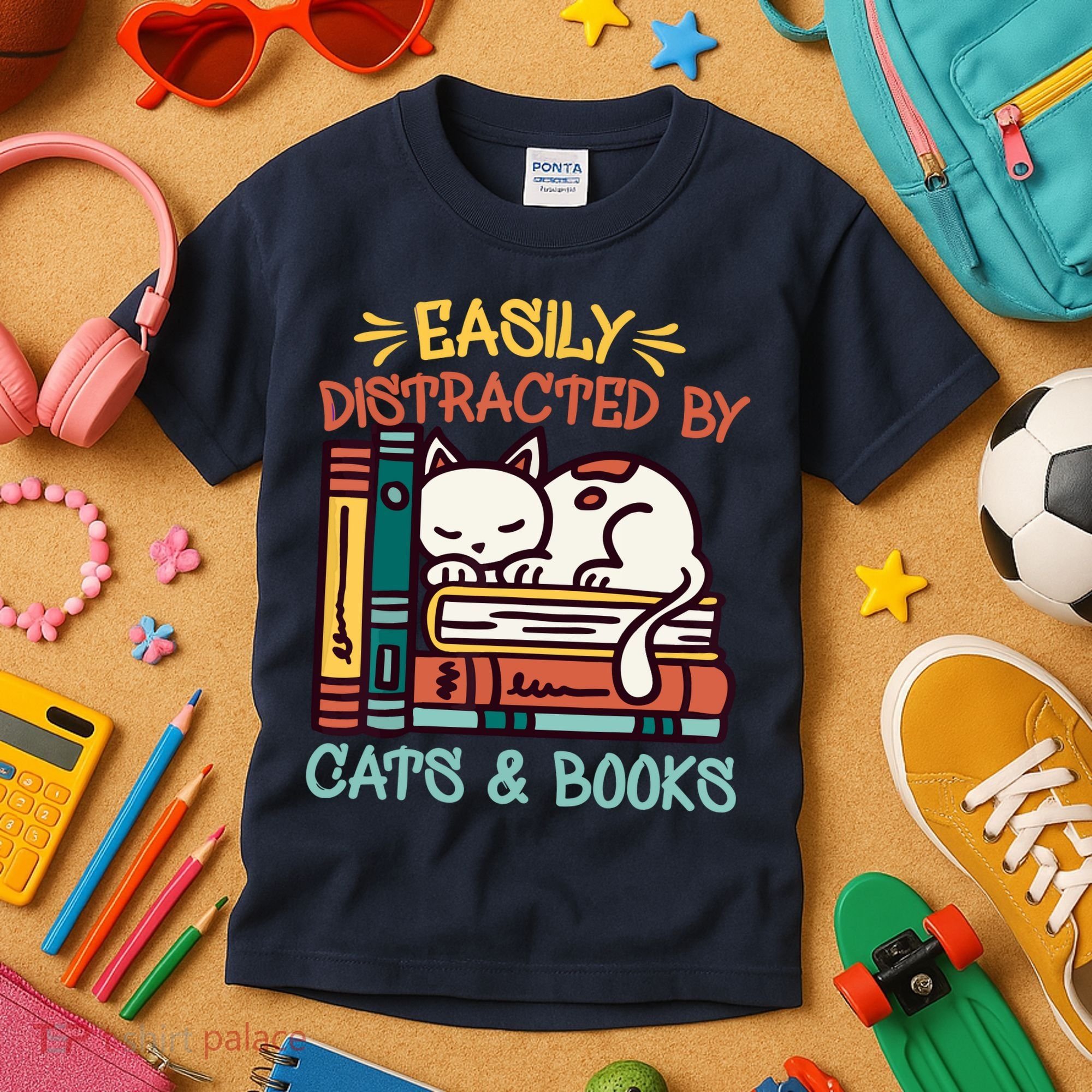 Easily Distracted By Cats And Books Cat & Book Lover Kids T-Shirt