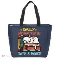 Easily Distracted By Cats And Books Cat & Book Lover Tote Bag thumb 0