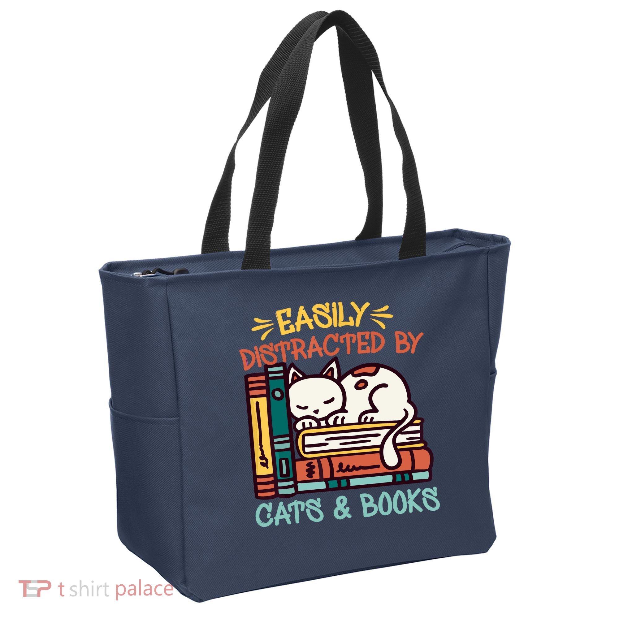 Easily Distracted By Cats And Books Cat & Book Lover Tote Bag