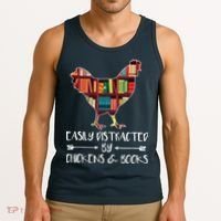 Easily Distracted By Chickens And Books Chicken Book Lover Tank Top thumb 3