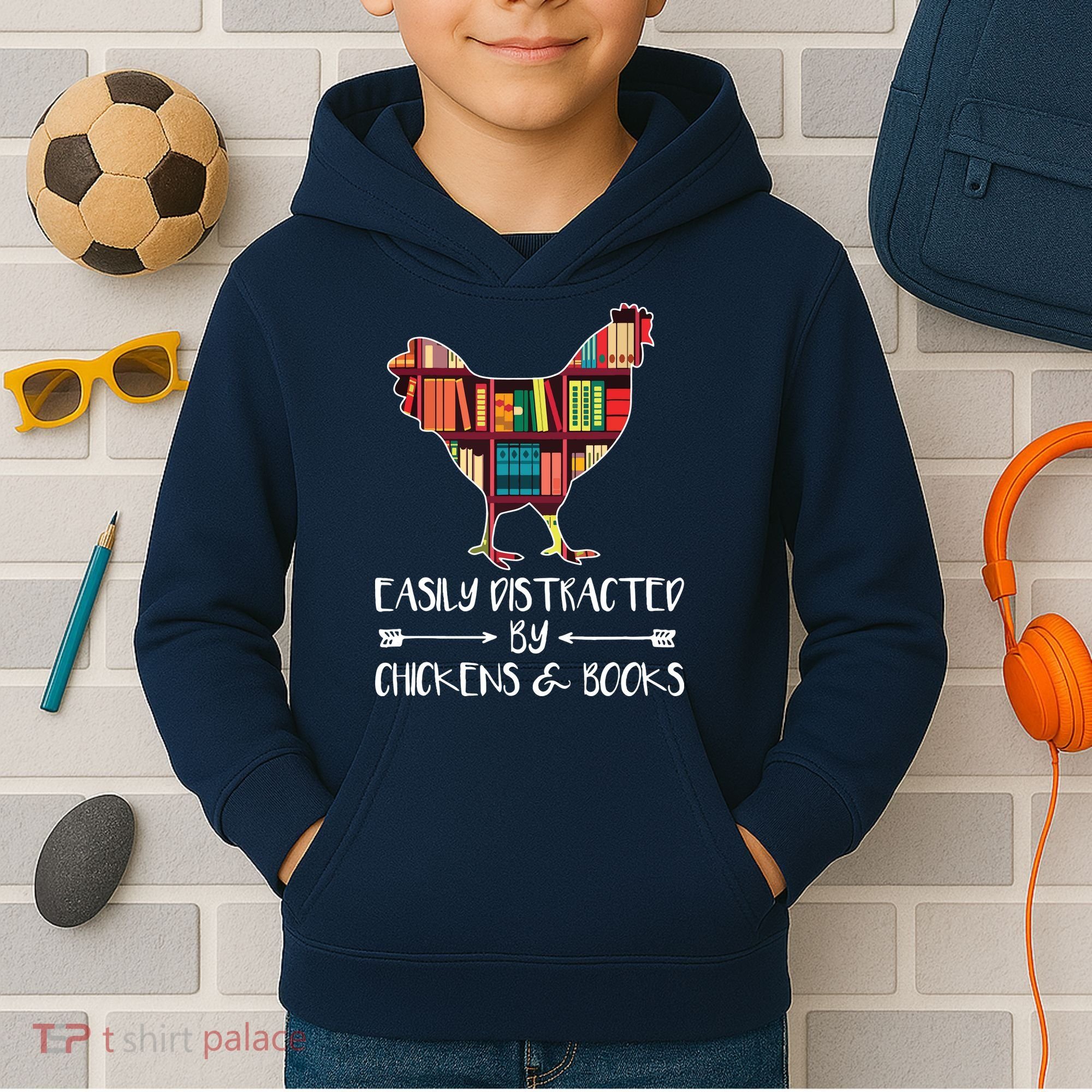 Easily Distracted By Chickens And Books Chicken Book Lover Kids Hoodie
