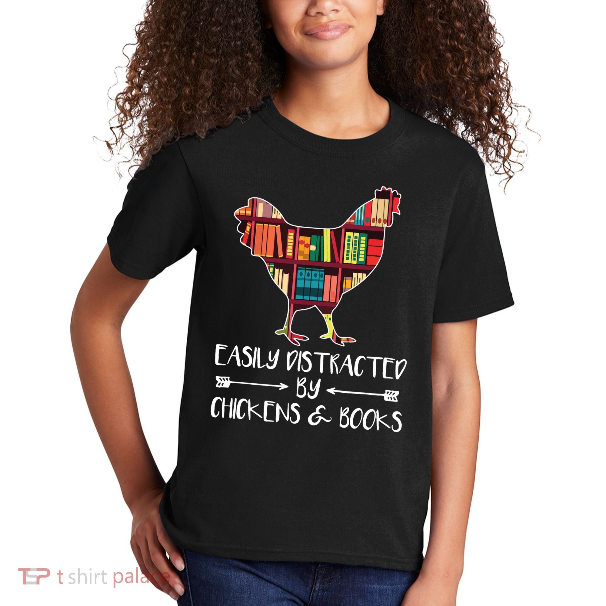 Easily Distracted By Chickens And Books Chicken Book Lover Kids T-Shirt