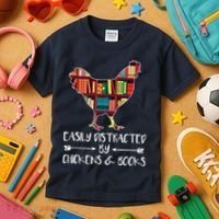 Easily Distracted By Chickens And Books Chicken Book Lover Kids T-Shirt thumb 3