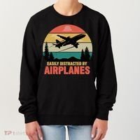 Easily Distracted By Airplanes Lover Retro Funny Pilot Women's Sweatshirt thumb 0