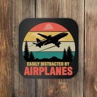 Easily Distracted By Airplanes Lover Retro Funny Pilot Coaster thumb 0