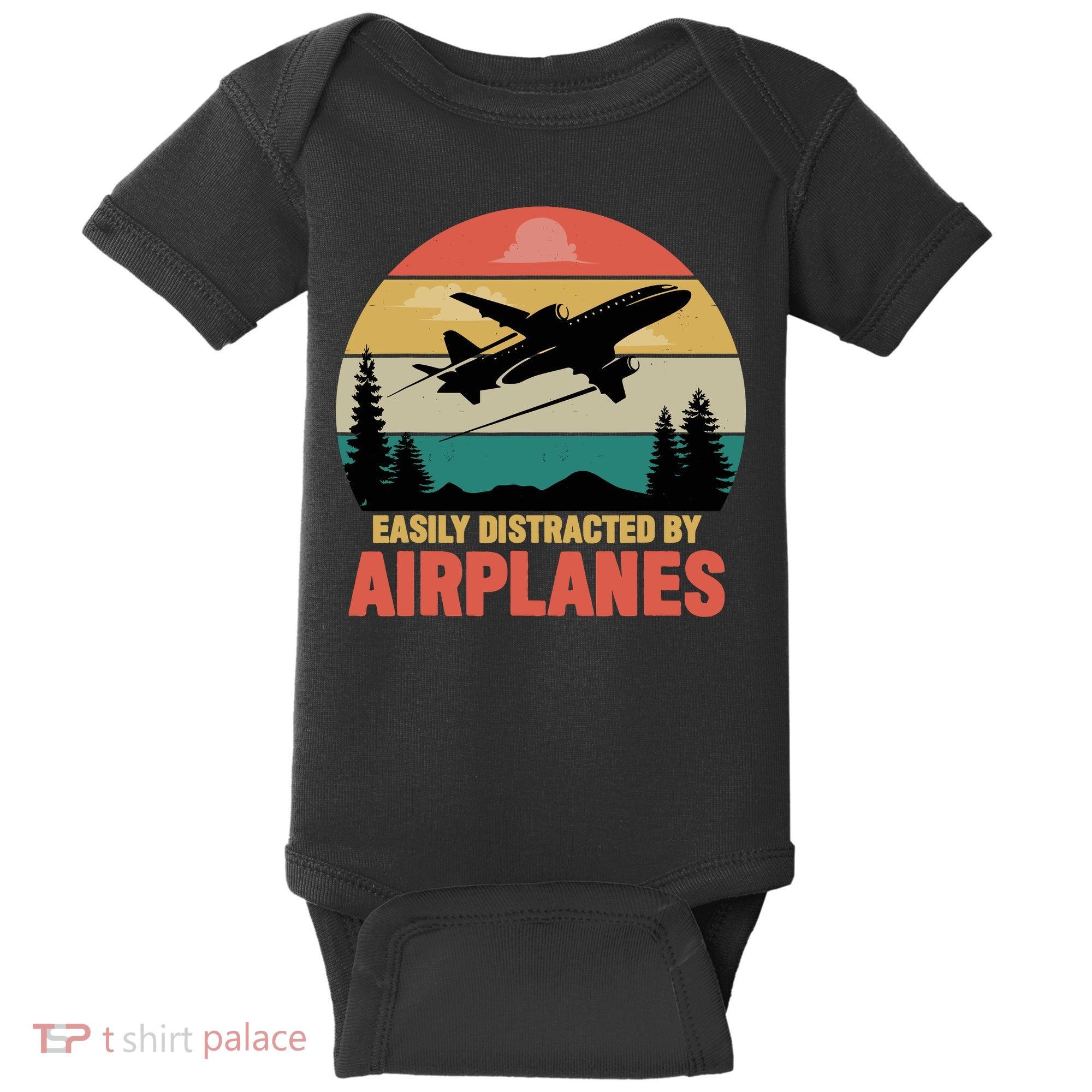 Easily Distracted By Airplanes Lover Retro Funny Pilot Baby Bodysuit