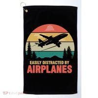 Easily Distracted By Airplanes Lover Retro Funny Pilot Golf Towel thumb 0