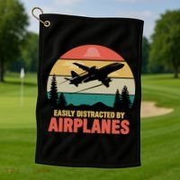 Easily Distracted By Airplanes Lover Retro Funny Pilot Golf Towel thumb 1