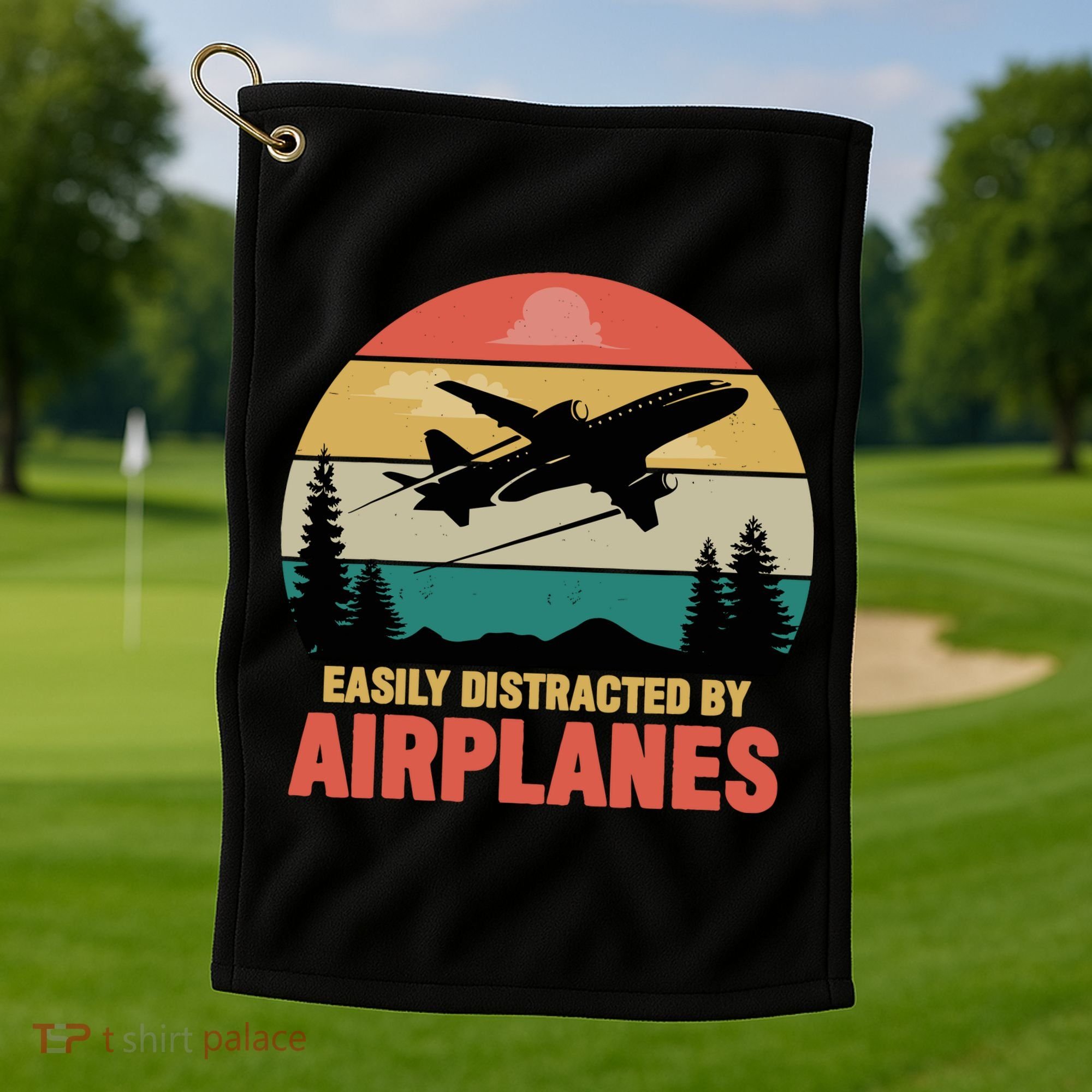 Easily Distracted By Airplanes Lover Retro Funny Pilot Golf Towel