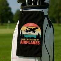 Easily Distracted By Airplanes Lover Retro Funny Pilot Golf Towel thumb 2