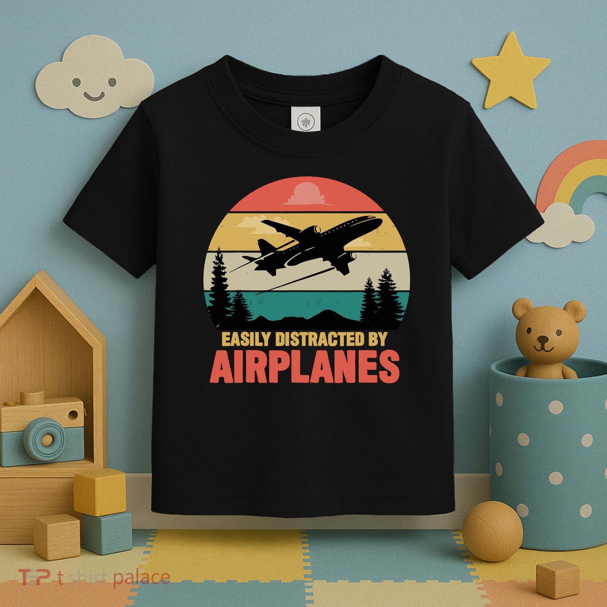 Easily Distracted By Airplanes Lover Retro Funny Pilot Toddler T-Shirt